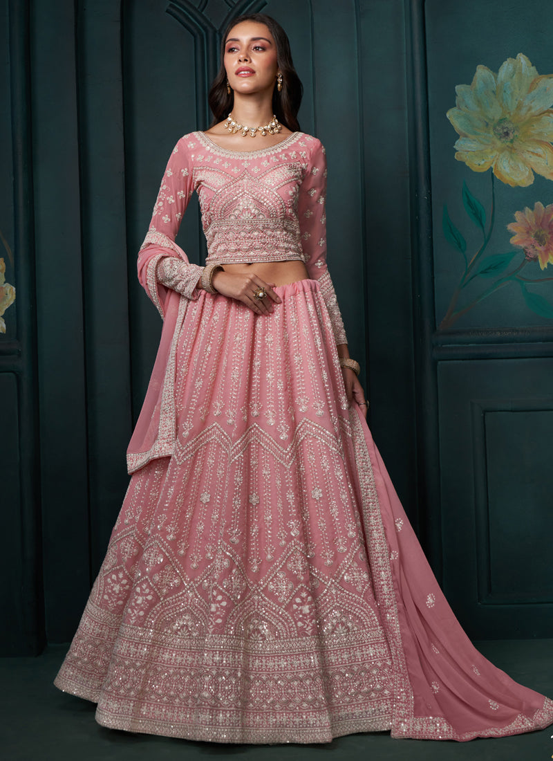 Vegaa Fashion Pink Georgette Embroidered Wedding Lehenga | Grocsy