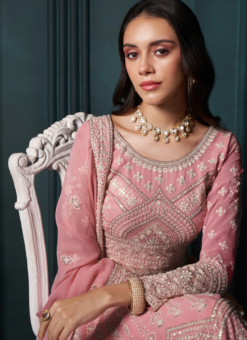 Vegaa Fashion Pink Georgette Embroidered Wedding Lehenga | Grocsy