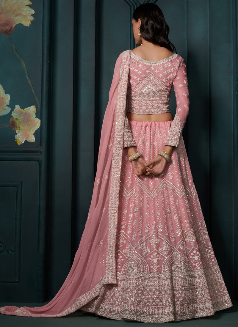 Vegaa Fashion Pink Georgette Embroidered Wedding Lehenga | Grocsy
