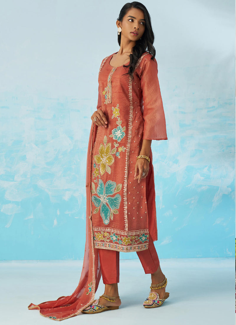 Vegaa Fashion Red Organza Embroidered Party Wear Suit | Grocsy