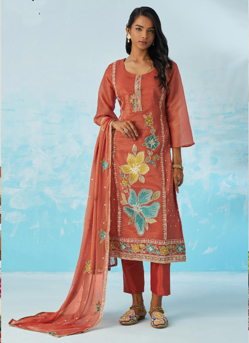 Vegaa Fashion Red Organza Embroidered Party Wear Suit | Grocsy