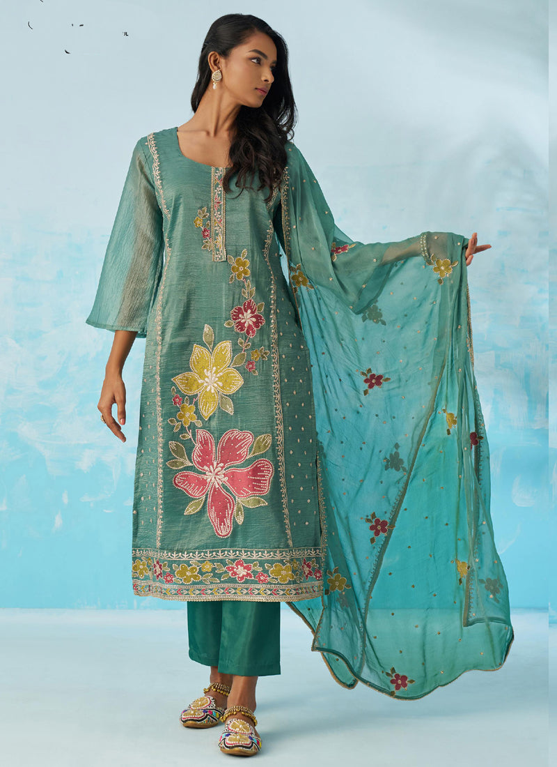 Vegaa Fashion Turquoise Organza Embroidered Party Wear Suit | Grocsy