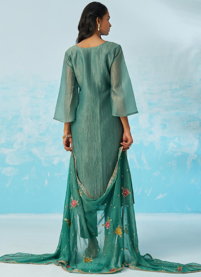 Vegaa Fashion Turquoise Organza Embroidered Party Wear Suit | Grocsy