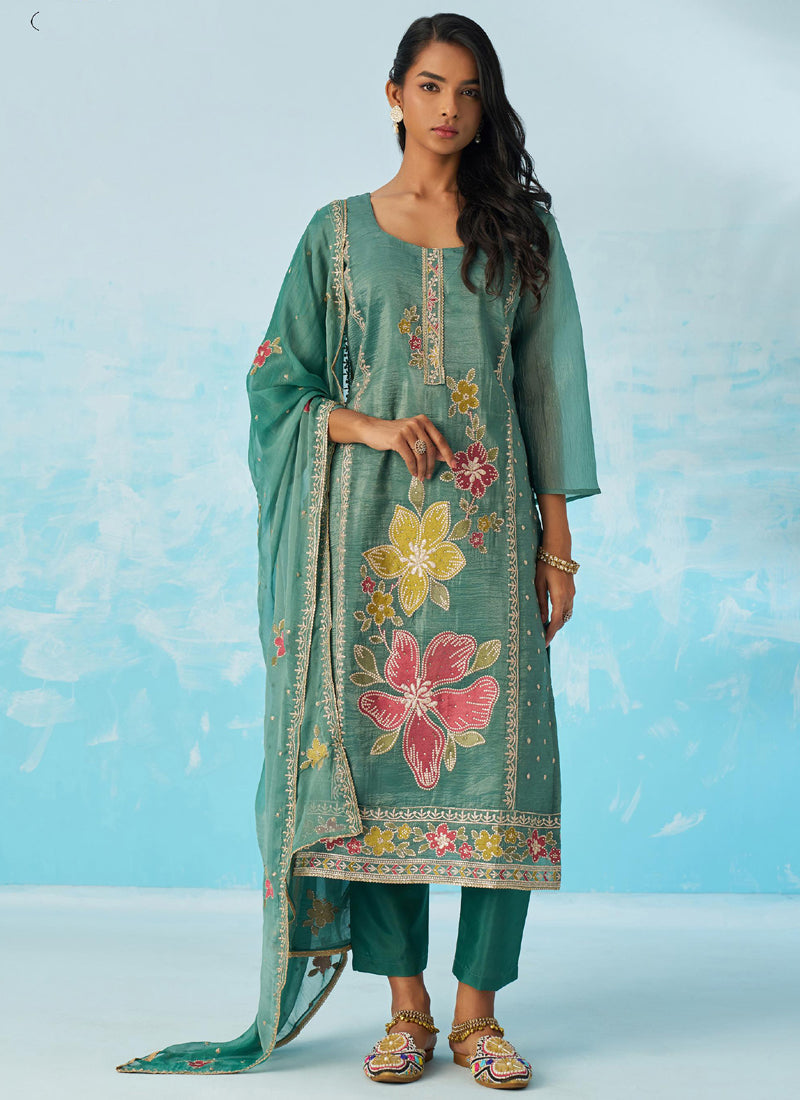 Vegaa Fashion Turquoise Organza Embroidered Party Wear Suit | Grocsy