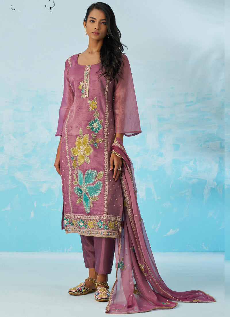 Vegaa Fashion Lavender Organza Embroidered Party Wear Suit | Grocsy
