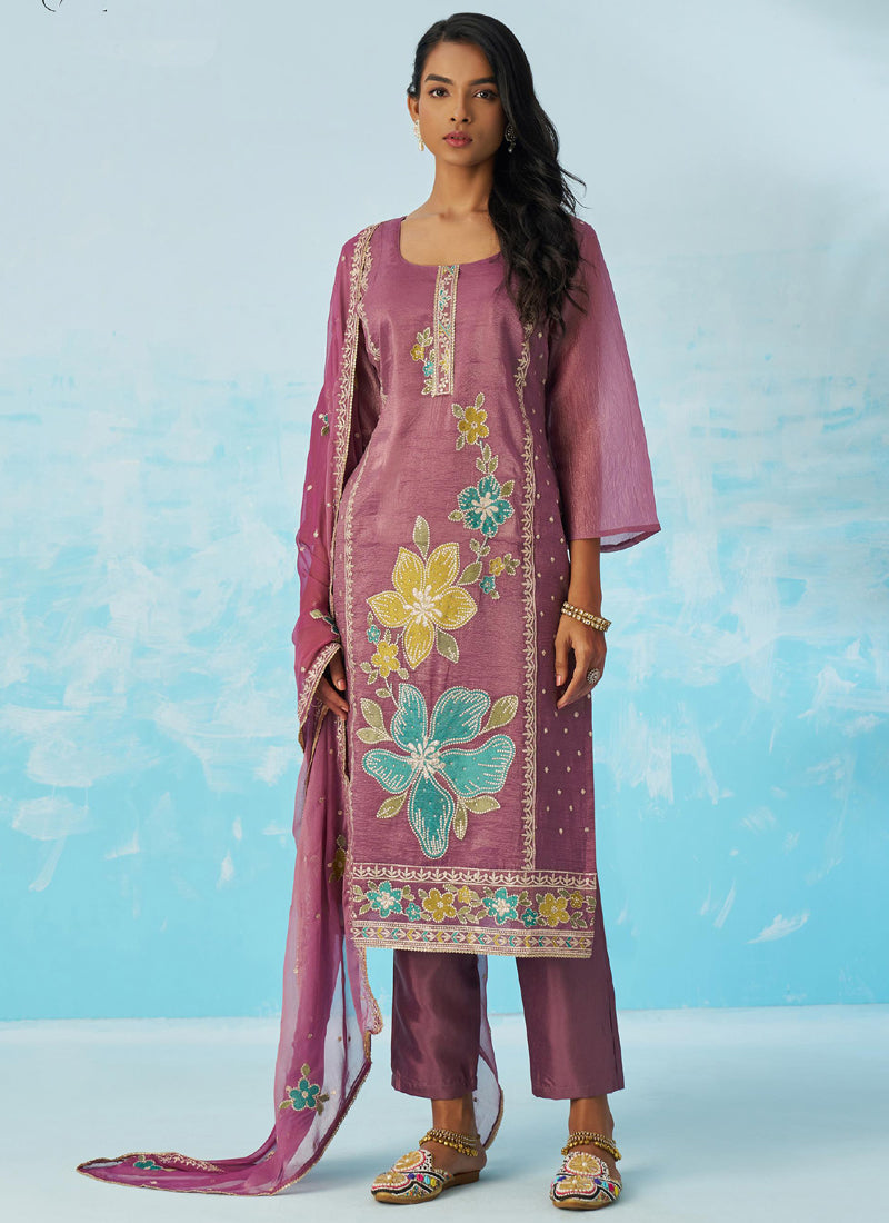 Vegaa Fashion Lavender Organza Embroidered Party Wear Suit | Grocsy