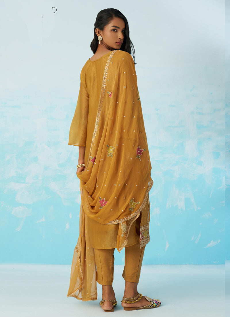 Vegaa Fashion Mustard Organza Embroidered Party Wear Suit | Grocsy
