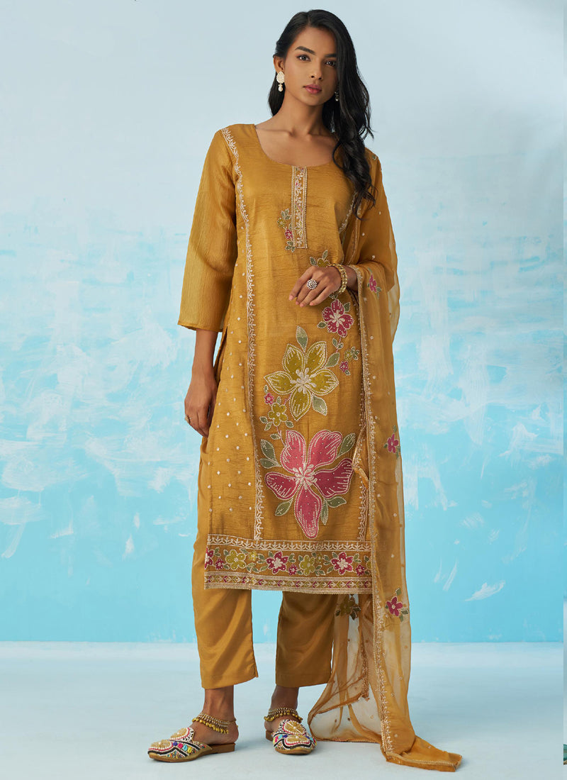 Vegaa Fashion Mustard Organza Embroidered Party Wear Suit | Grocsy