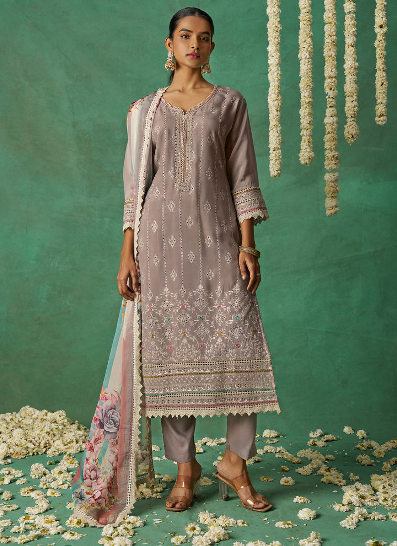 Vegaa Fashion Beige Pure Organza Embroidered Wedding Wear Suit | Grocsy