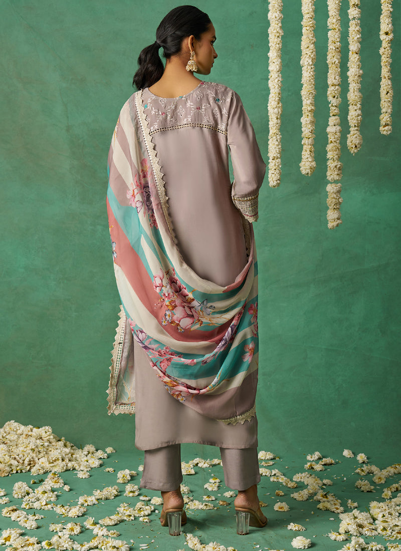 Vegaa Fashion Beige Pure Organza Embroidered Wedding Wear Suit | Grocsy