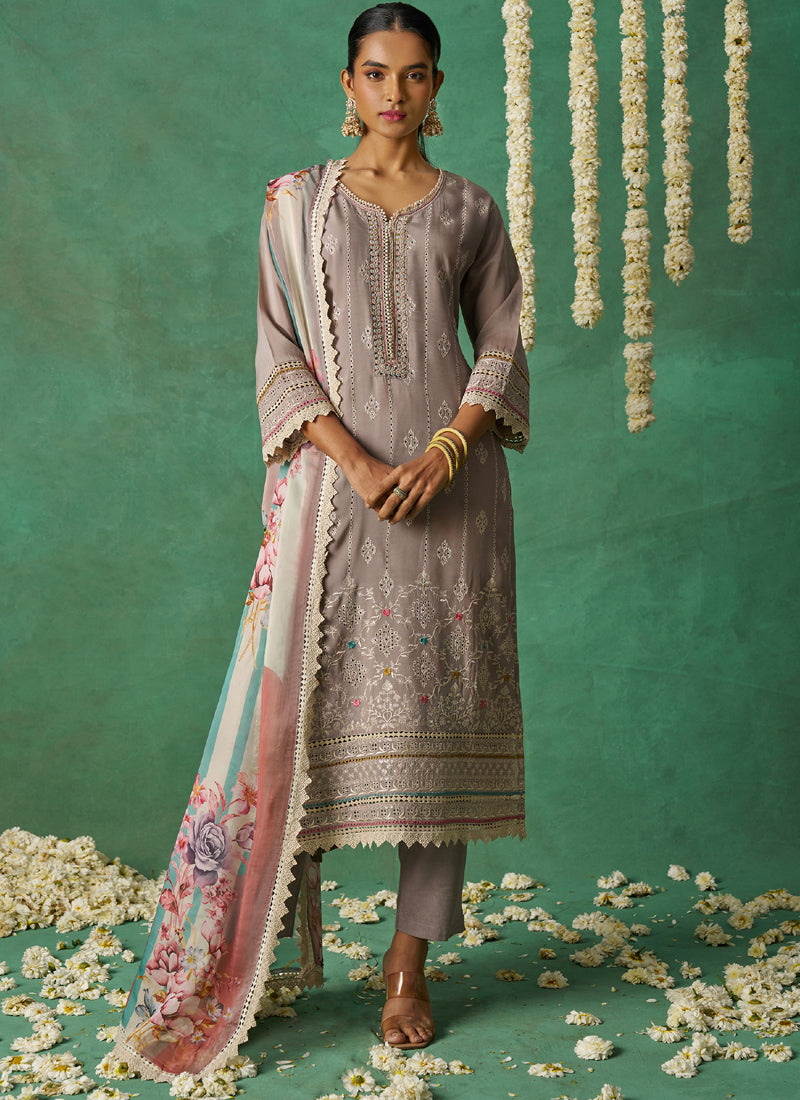 Vegaa Fashion Beige Pure Organza Embroidered Wedding Wear Suit | Grocsy