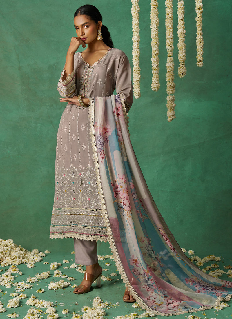 Vegaa Fashion Beige Pure Organza Embroidered Wedding Wear Suit | Grocsy