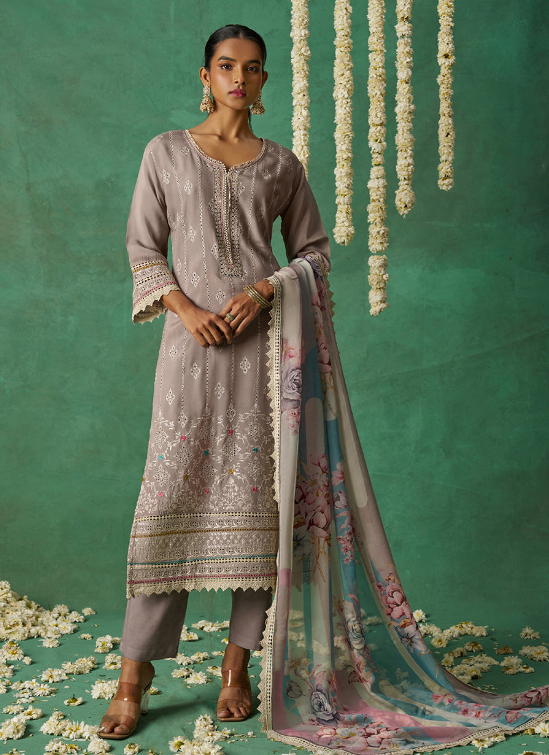 Vegaa Fashion Beige Pure Organza Embroidered Wedding Wear Suit | Grocsy