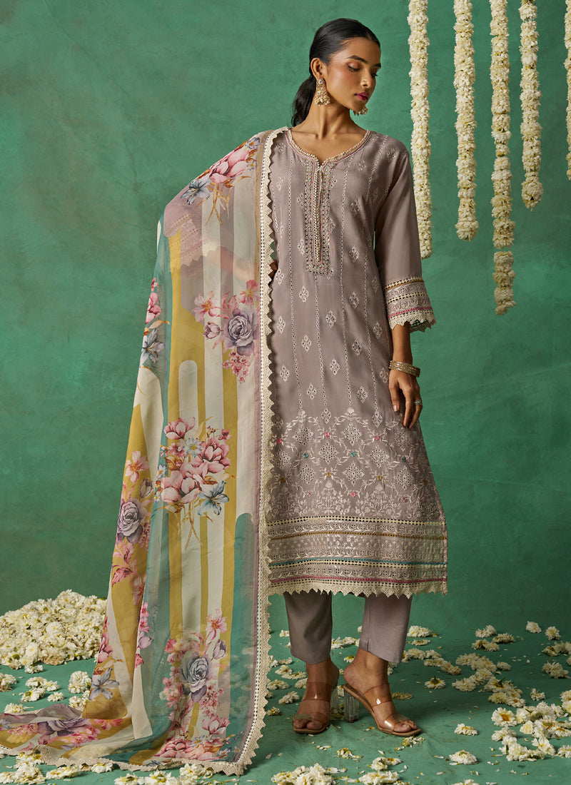 Vegaa Fashion Beige Pure Organza Embroidered Wedding Wear Suit | Grocsy