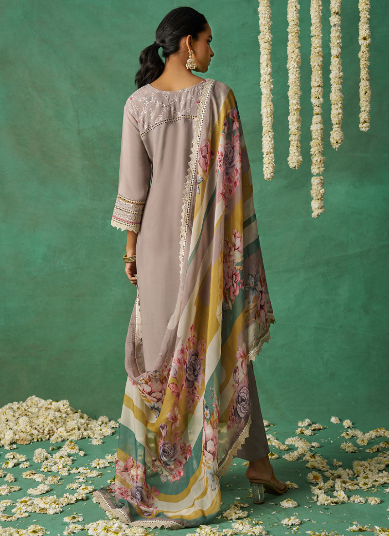 Vegaa Fashion Beige Pure Organza Embroidered Wedding Wear Suit | Grocsy