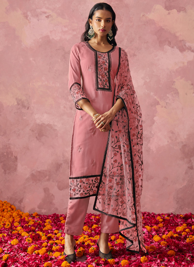 Vegaa Fashion Light Pink Georgette Embroidered Salwar Suit | Grocsy