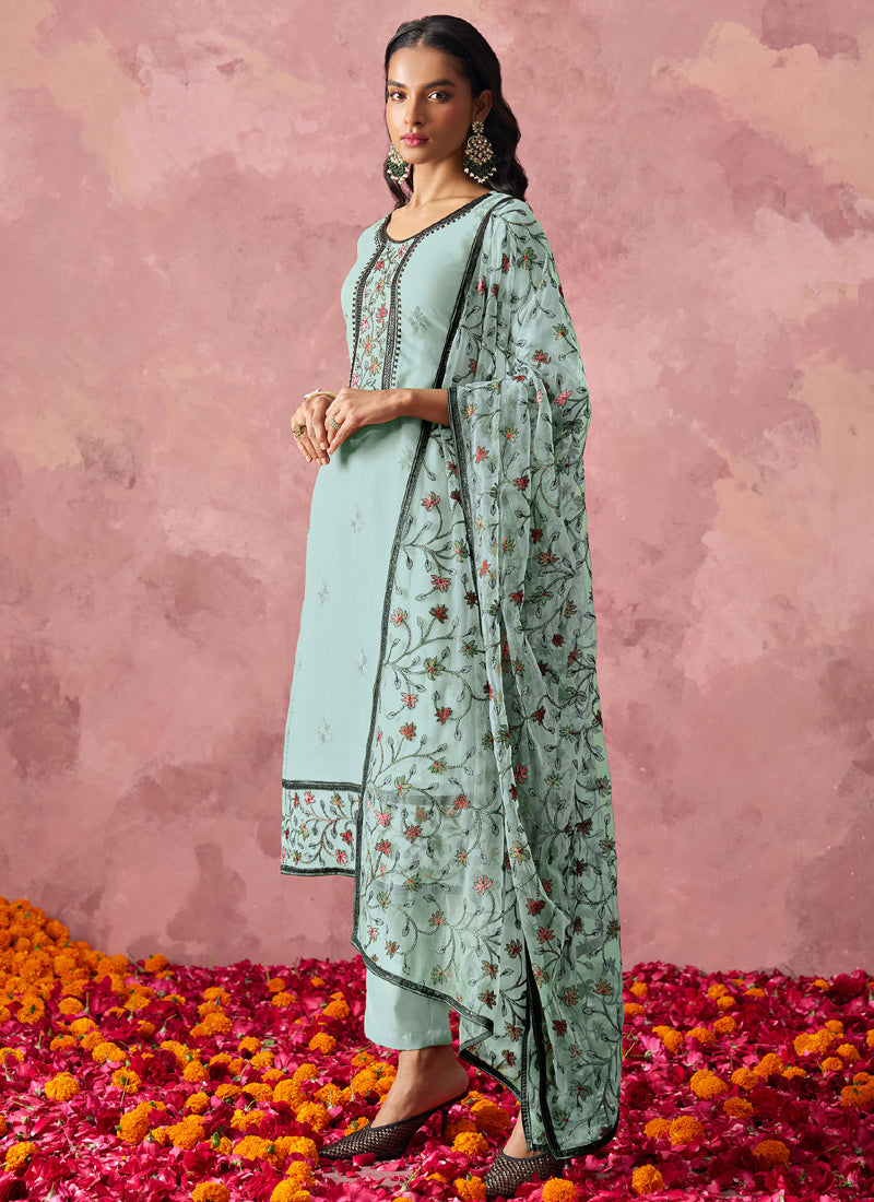 Vegaa Fashion Sky Blue Georgette Embroidered Salwar Suit | Grocsy