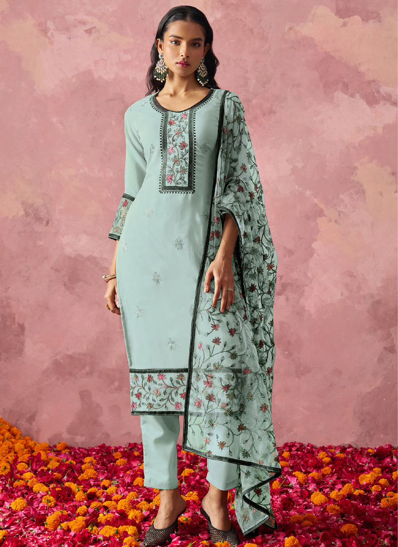 Vegaa Fashion Sky Blue Georgette Embroidered Salwar Suit | Grocsy