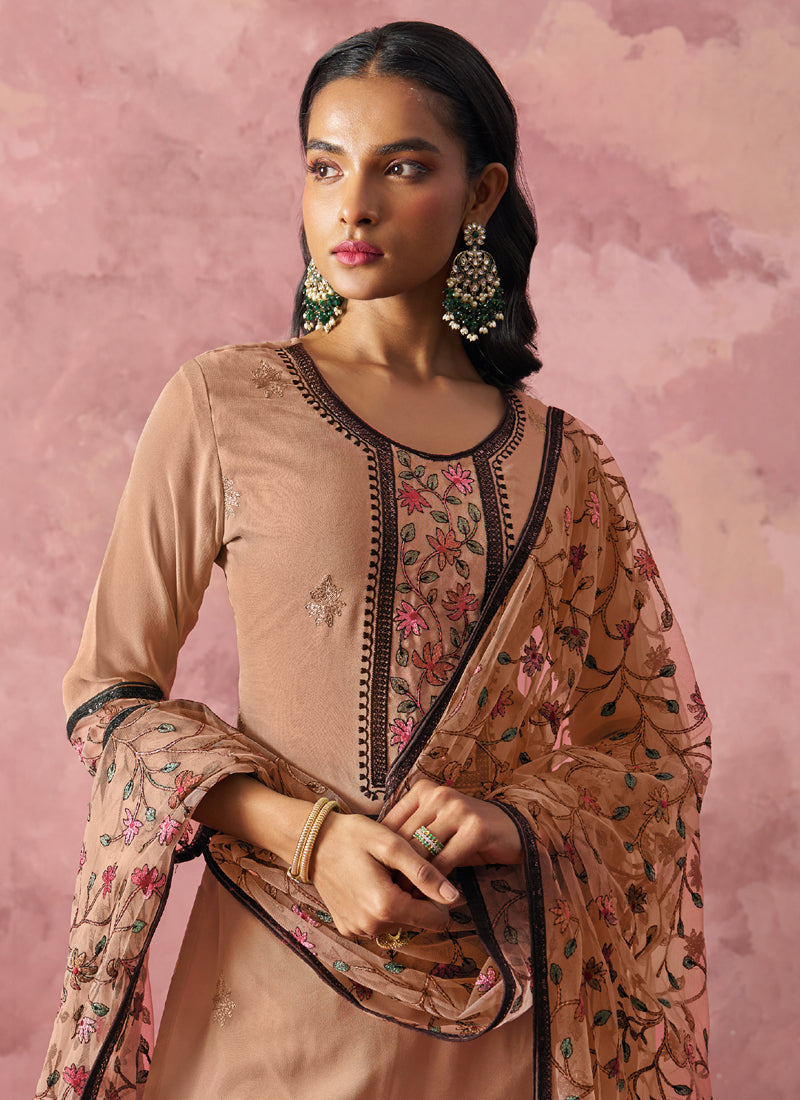 Vegaa Fashion Light Orange Georgette Embroidered Salwar Suit | Grocsy