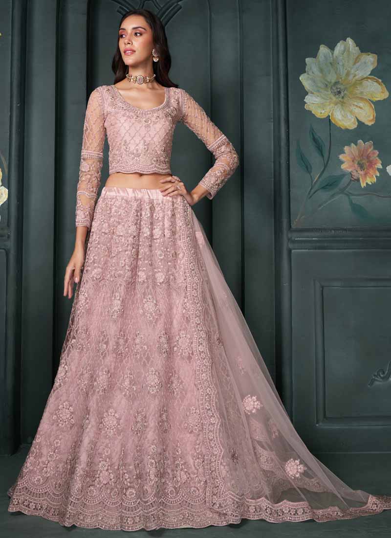 Vegaa Fashion Designer Dusty Pink Net Embroidery Bridal Lehenga | Grocsy