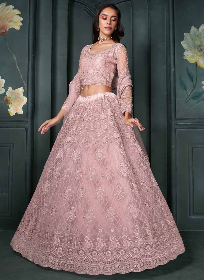 Vegaa Fashion Designer Dusty Pink Net Embroidery Bridal Lehenga | Grocsy