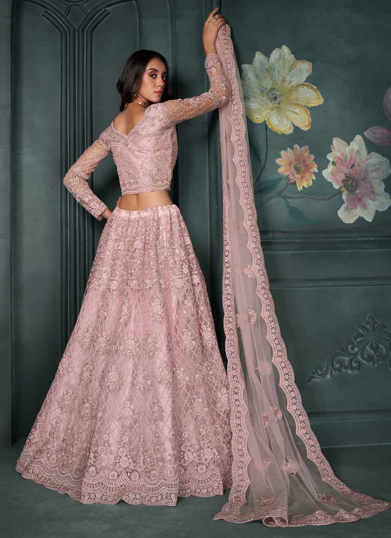 Vegaa Fashion Designer Dusty Pink Net Embroidery Bridal Lehenga | Grocsy