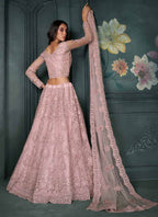 Vegaa Fashion Designer Dusty Pink Net Embroidery Bridal Lehenga | Grocsy