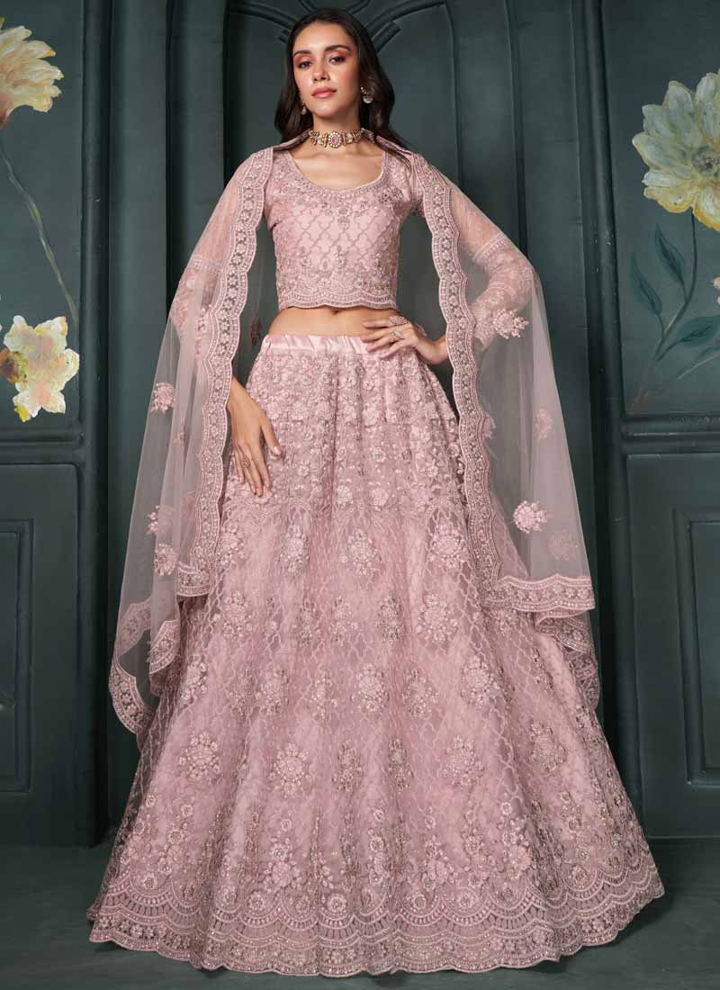 Vegaa Fashion Designer Dusty Pink Net Embroidery Bridal Lehenga | Grocsy