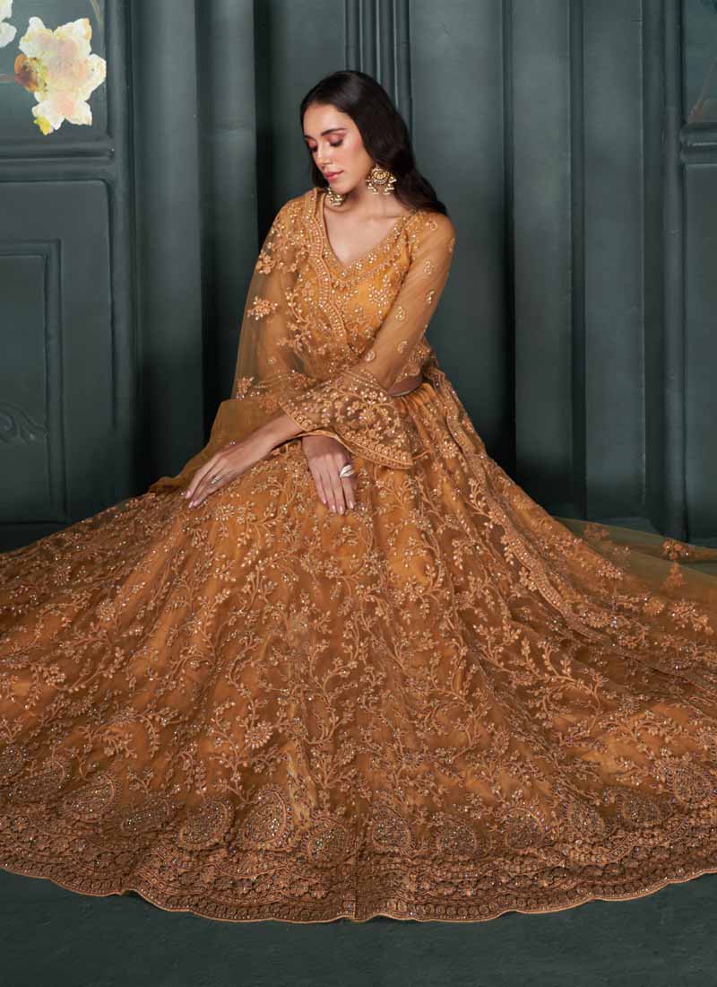Vegaa Fashion Designer Orange Net Embroidery Bridal Lehenga | Grocsy