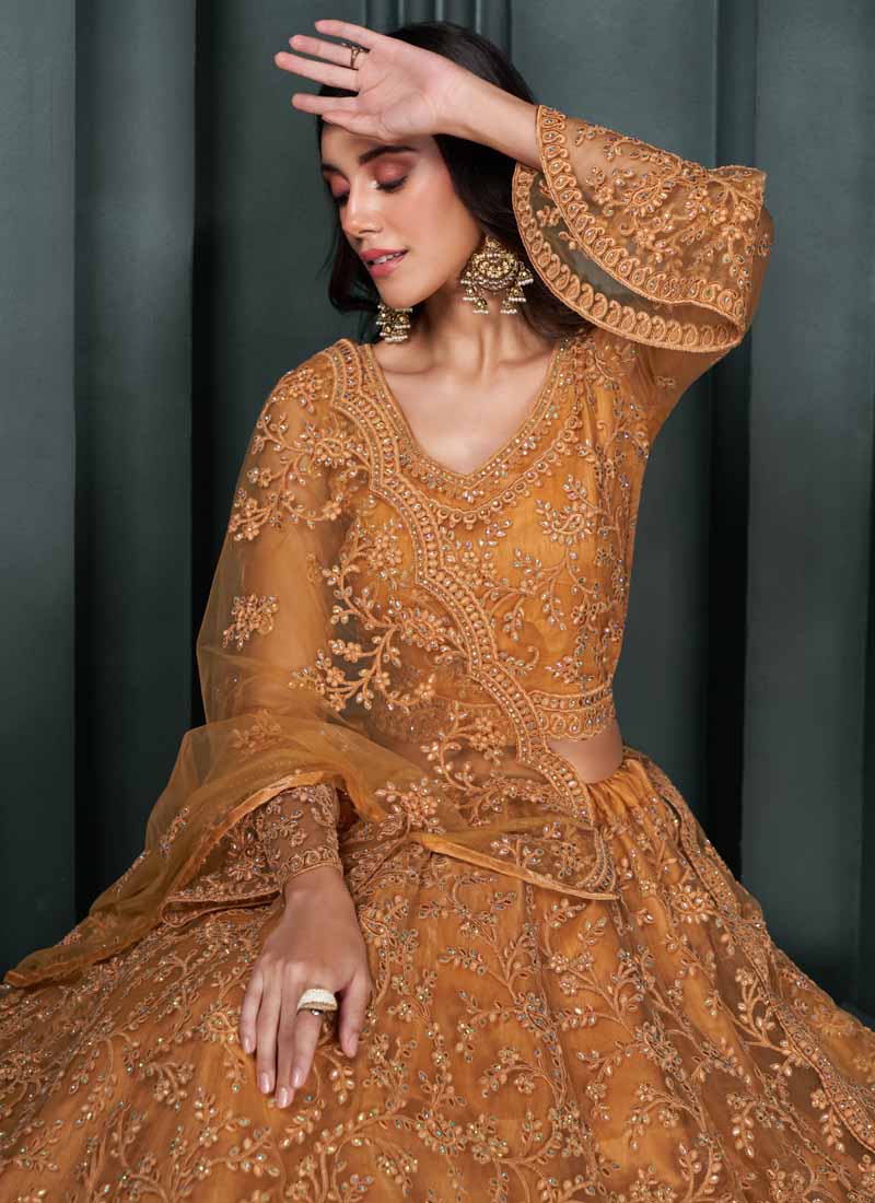 Vegaa Fashion Designer Orange Net Embroidery Bridal Lehenga | Grocsy