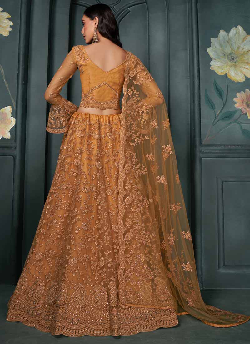 Vegaa Fashion Designer Orange Net Embroidery Bridal Lehenga | Grocsy