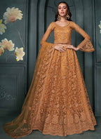Vegaa Fashion Designer Orange Net Embroidery Bridal Lehenga | Grocsy