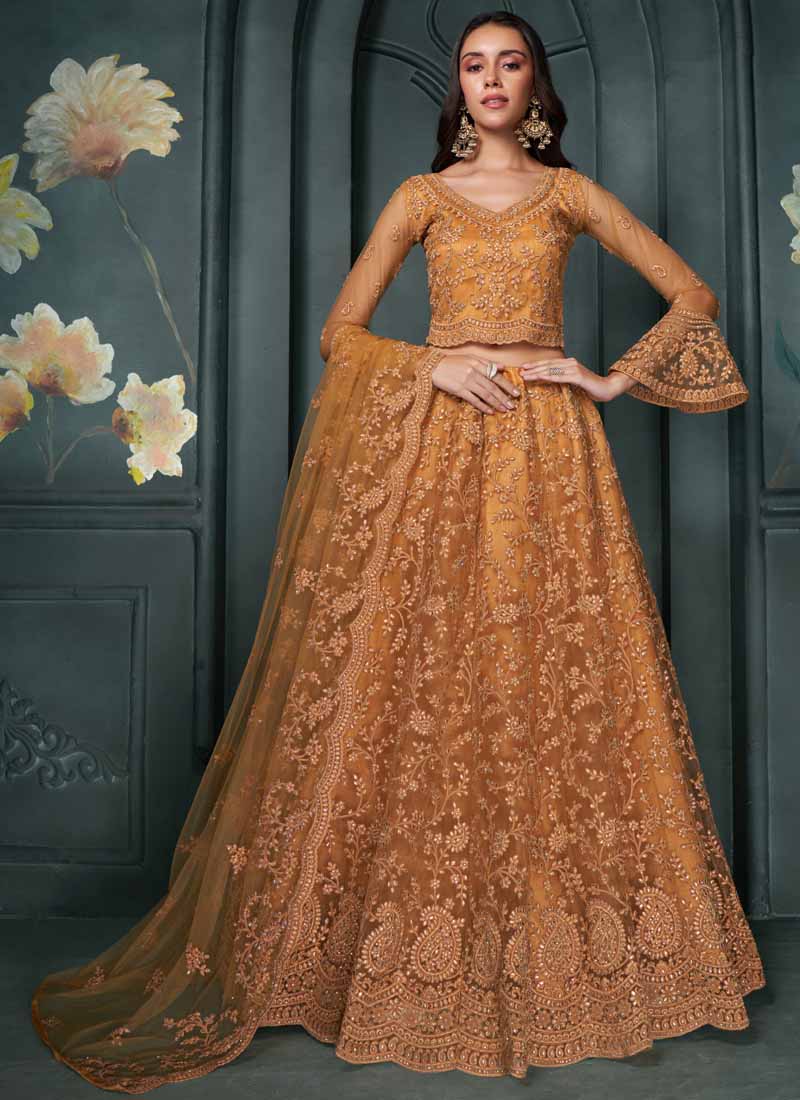 Vegaa Fashion Designer Orange Net Embroidery Bridal Lehenga | Grocsy