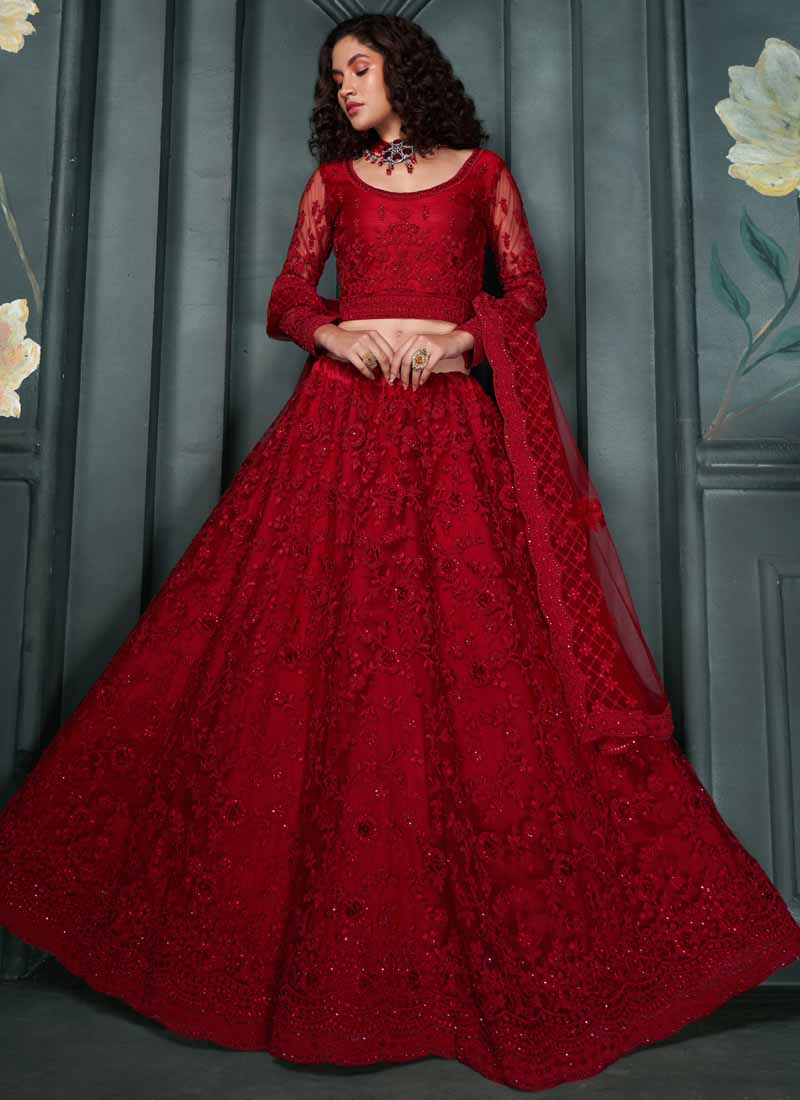 Vegaa Fashion Designer Red Net Embroidery Bridal Lehenga | Grocsy