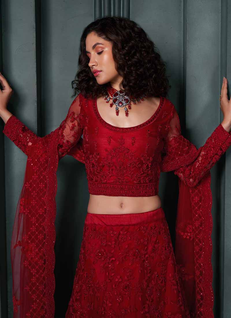 Vegaa Fashion Designer Red Net Embroidery Bridal Lehenga | Grocsy