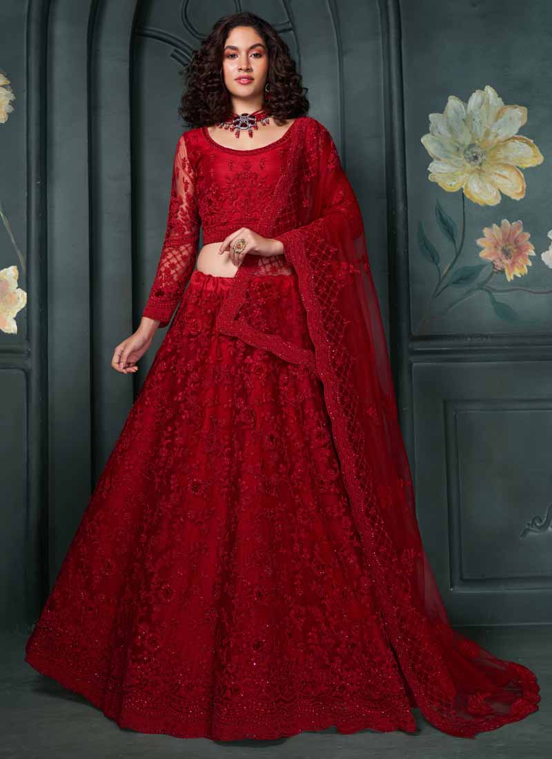 Vegaa Fashion Designer Red Net Embroidery Bridal Lehenga | Grocsy