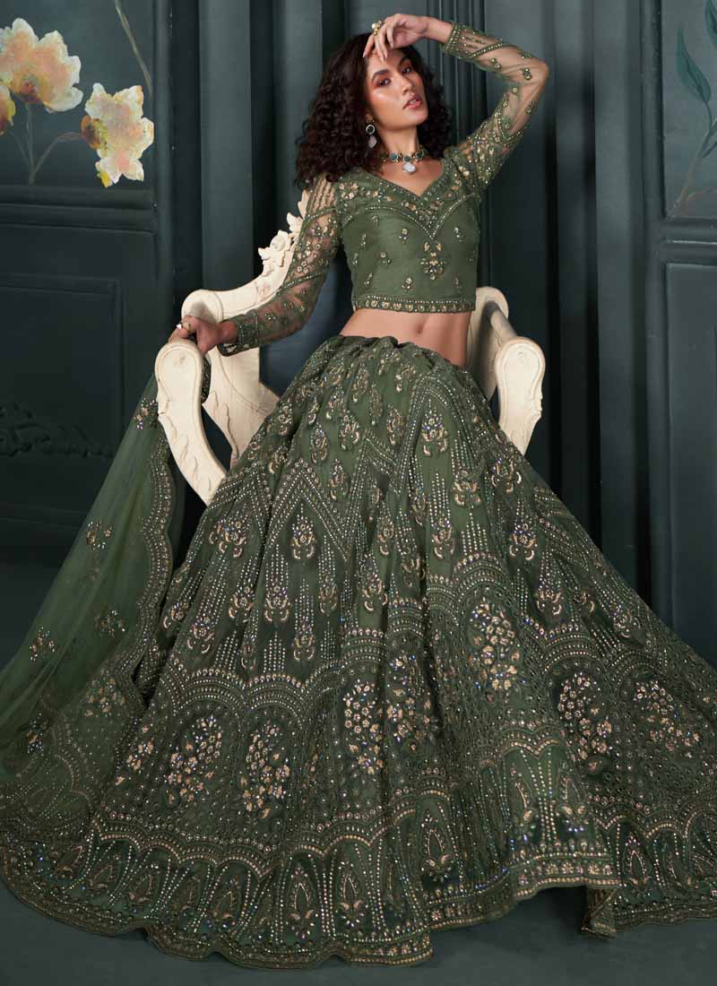 Vegaa Fashion Designer Mehendi Net Embroidery Bridal Lehenga | Grocsy