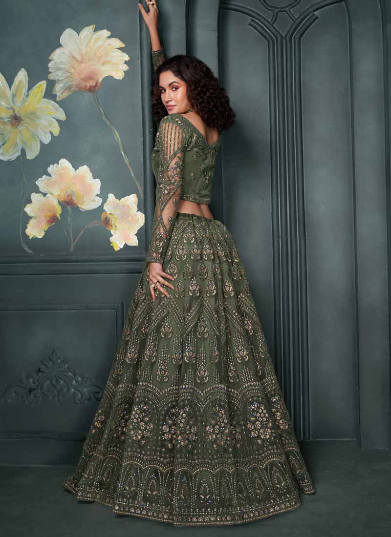Vegaa Fashion Designer Mehendi Net Embroidery Bridal Lehenga | Grocsy