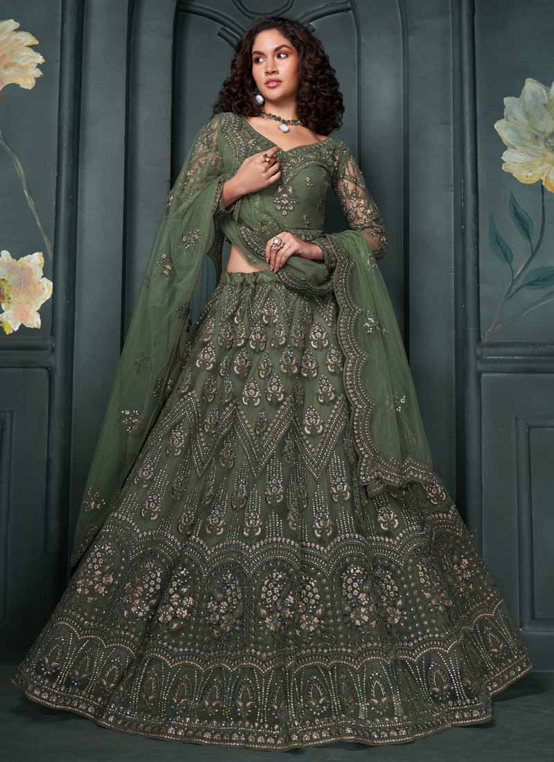 Vegaa Fashion Designer Mehendi Net Embroidery Bridal Lehenga | Grocsy