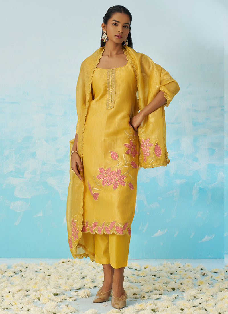 Vegaa Fashion Yellow Silk Embroidered Designer Salwar Suit | Grocsy