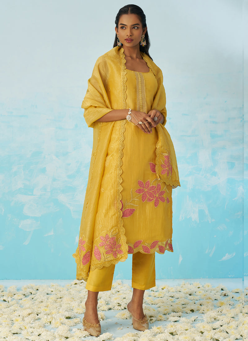 Vegaa Fashion Yellow Silk Embroidered Designer Salwar Suit | Grocsy