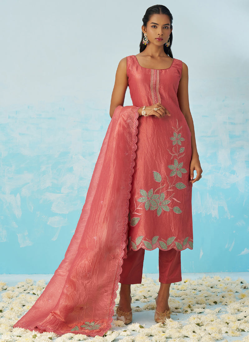 Vegaa Fashion Blush Red Silk Embroidered Designer Salwar Suit | Grocsy