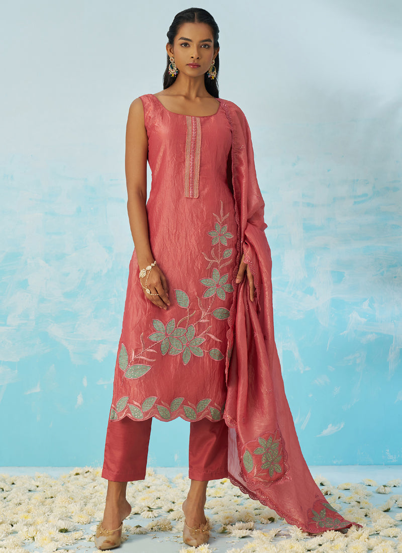 Vegaa Fashion Blush Red Silk Embroidered Designer Salwar Suit | Grocsy