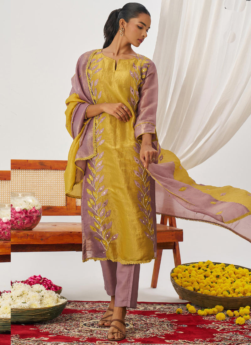 Vegaa Fashion Yellow Organza Embroidered Party Wear Suit | Grocsy