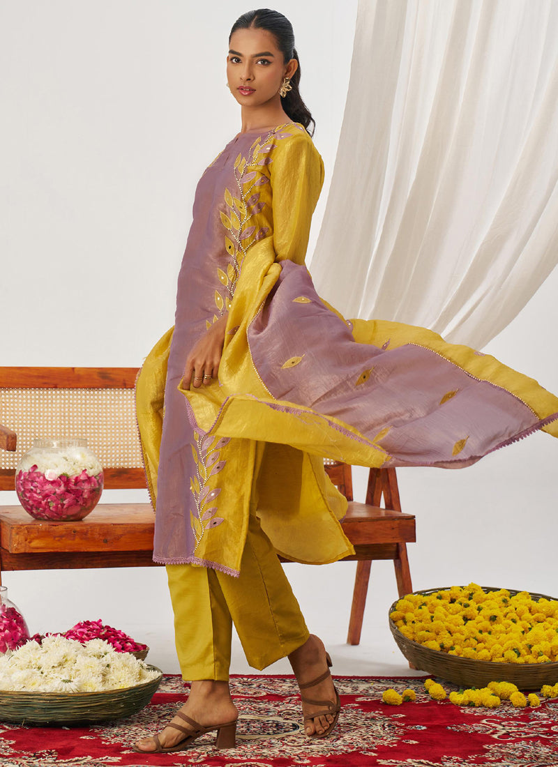 Vegaa Fashion Yellow And Lavender Organza Embroidered Party Wear Suit | Grocsy