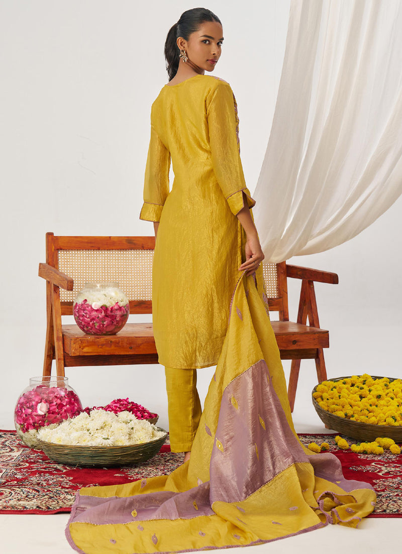 Vegaa Fashion Yellow And Lavender Organza Embroidered Party Wear Suit | Grocsy