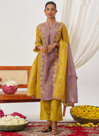 Vegaa Fashion Yellow And Lavender Organza Embroidered Party Wear Suit | Grocsy