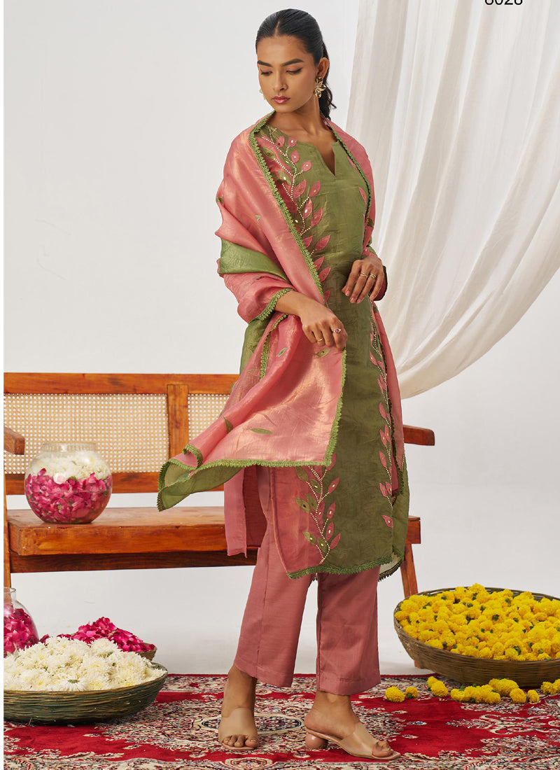 Vegaa Fashion Peach Organza Embroidered Party Wear Suit | Grocsy