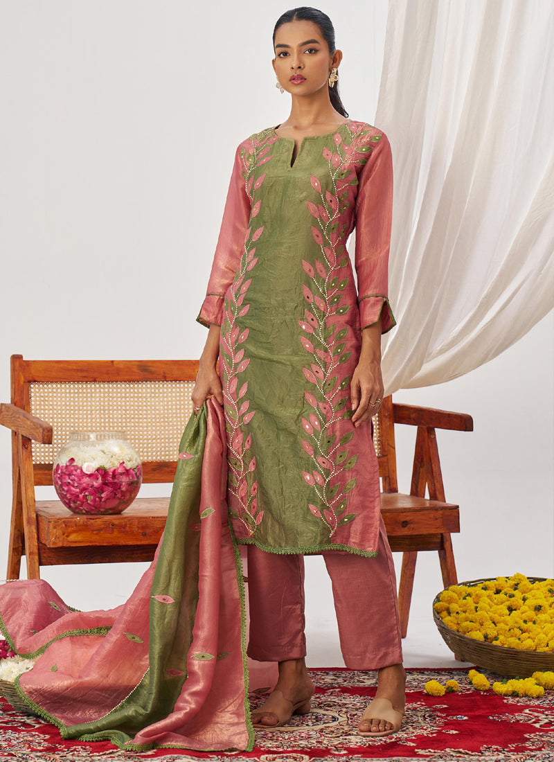 Vegaa Fashion Peach Organza Embroidered Party Wear Suit | Grocsy