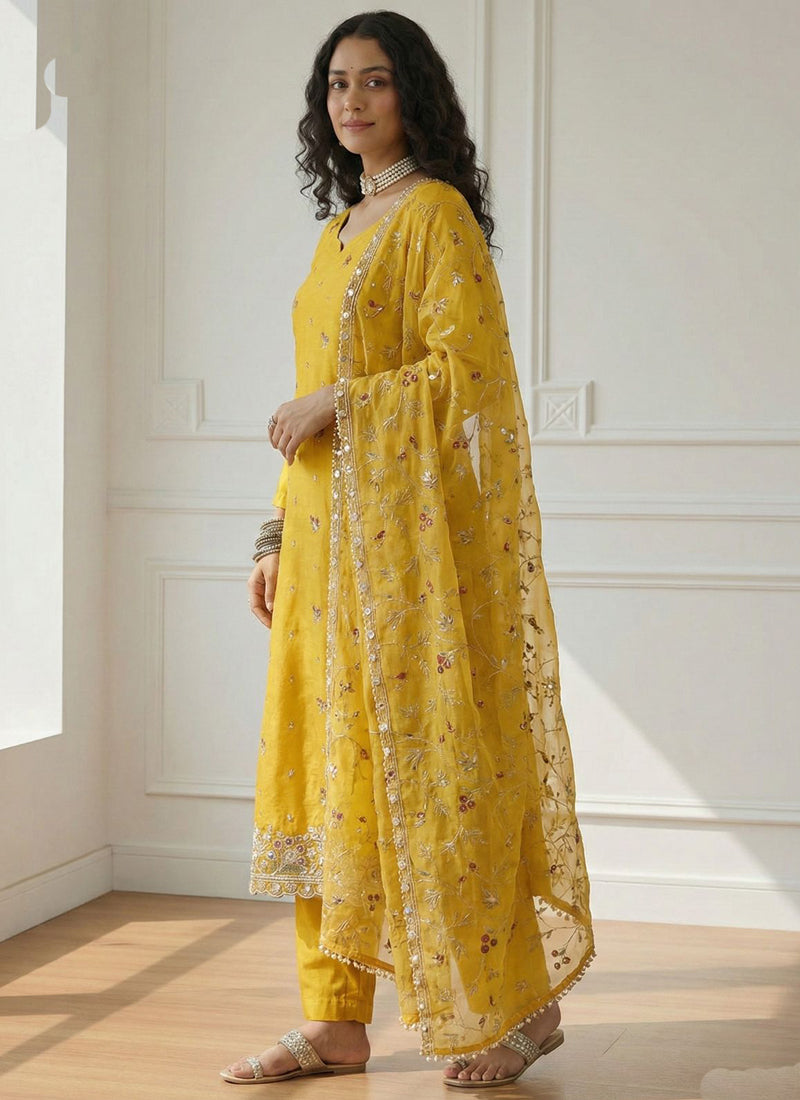 Vegaa Fashion Yellow Shimmer Organza Embroidered Party Wear Suit | Grocsy